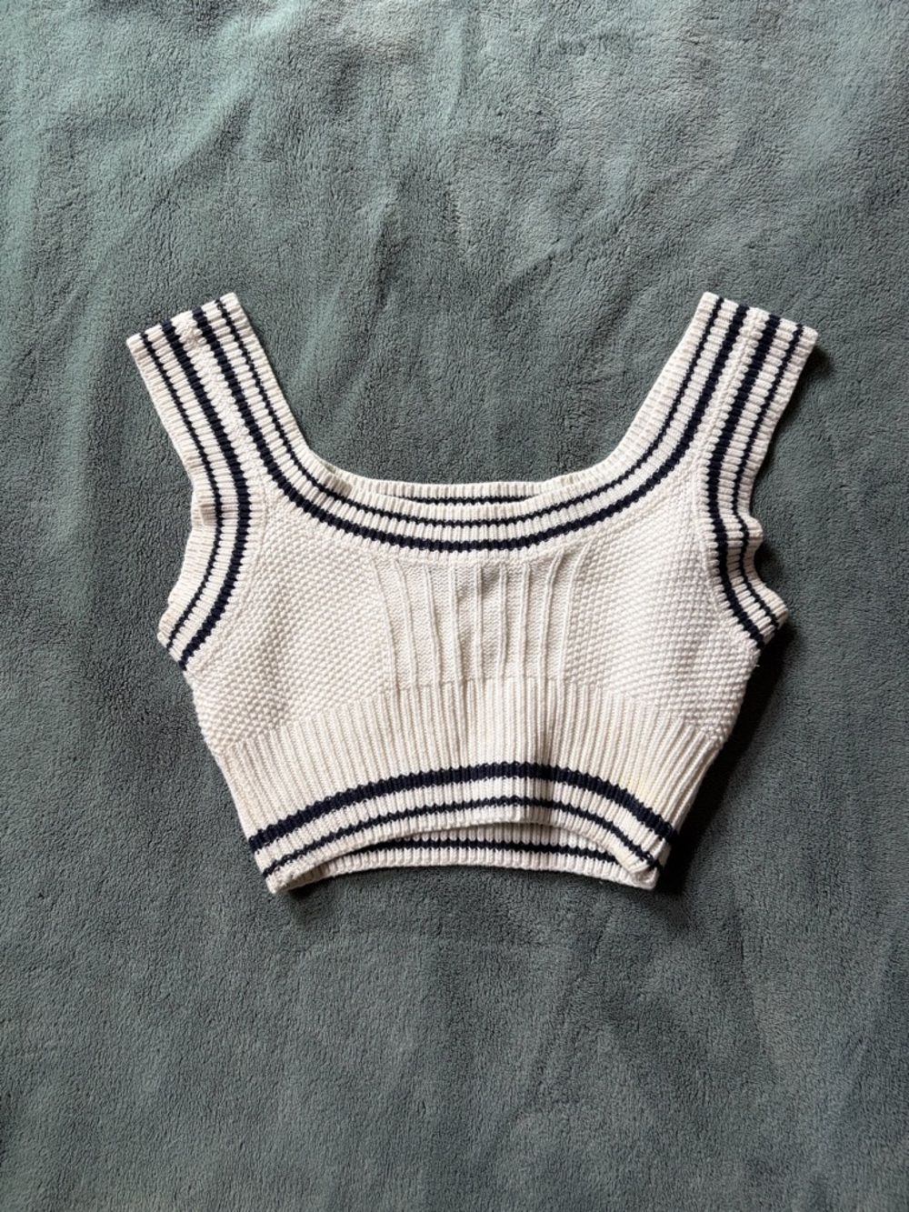 Cider White Cropped Knit Tank with Navy Stripe Accents